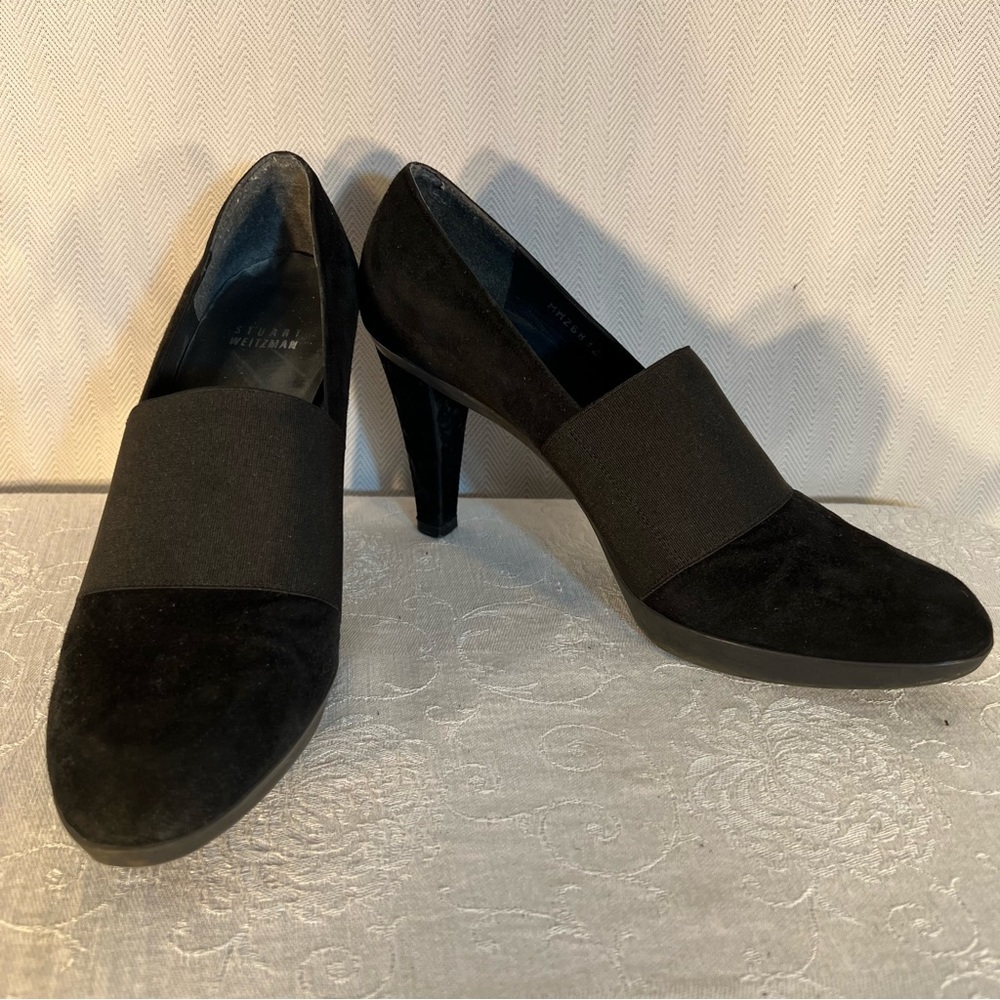 Stuart Weitzman Black Suede Slip On 3 1/2” Heels Pumps Shoes 9 M
